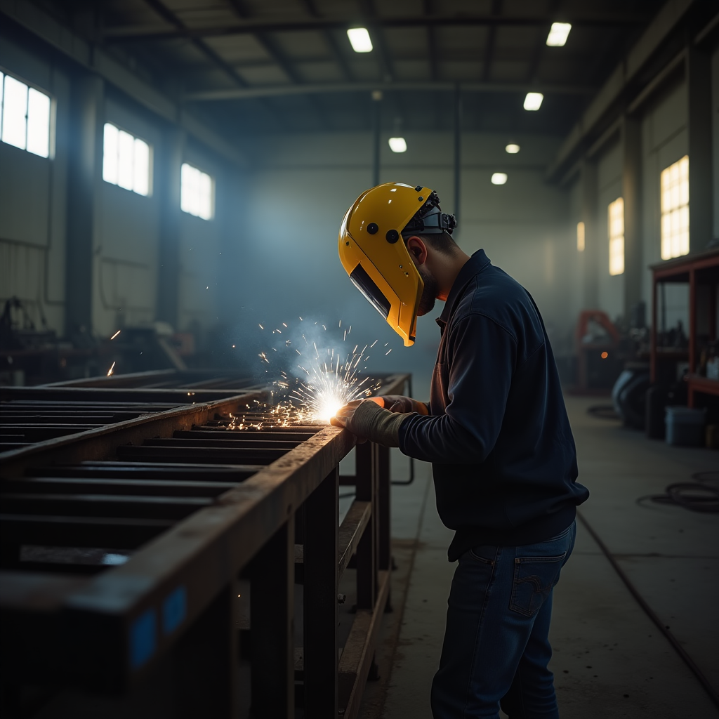 Metinātājs ar aizsargķiveri veic precīzu metināšanu industriālā ražotnē ar modernu aprīkojumu.