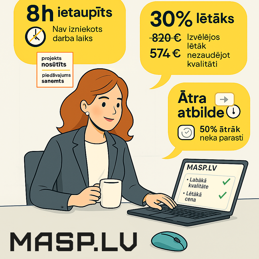 Sieviete izmanto MASP.LV metālapstrādes salīdzināšanas platformu, lai ietaupītu 8 stundas, atrastu 30% lētāku piedāvājumu un saņemtu ātru atbildi.