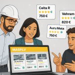 Trīs cilvēki apskata MASP.LV metālapstrādes salīdzināšanas platformu datorā, kur redzami piedāvājumi ar cenām un vērtējumiem. Zem datora teksts: “Salīdzini. Izvēlies. Ietaupi.”