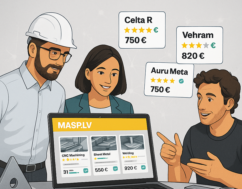 Trīs cilvēki apskata MASP.LV metālapstrādes salīdzināšanas platformu datorā, kur redzami piedāvājumi ar cenām un vērtējumiem. Zem datora teksts: “Salīdzini. Izvēlies. Ietaupi.”