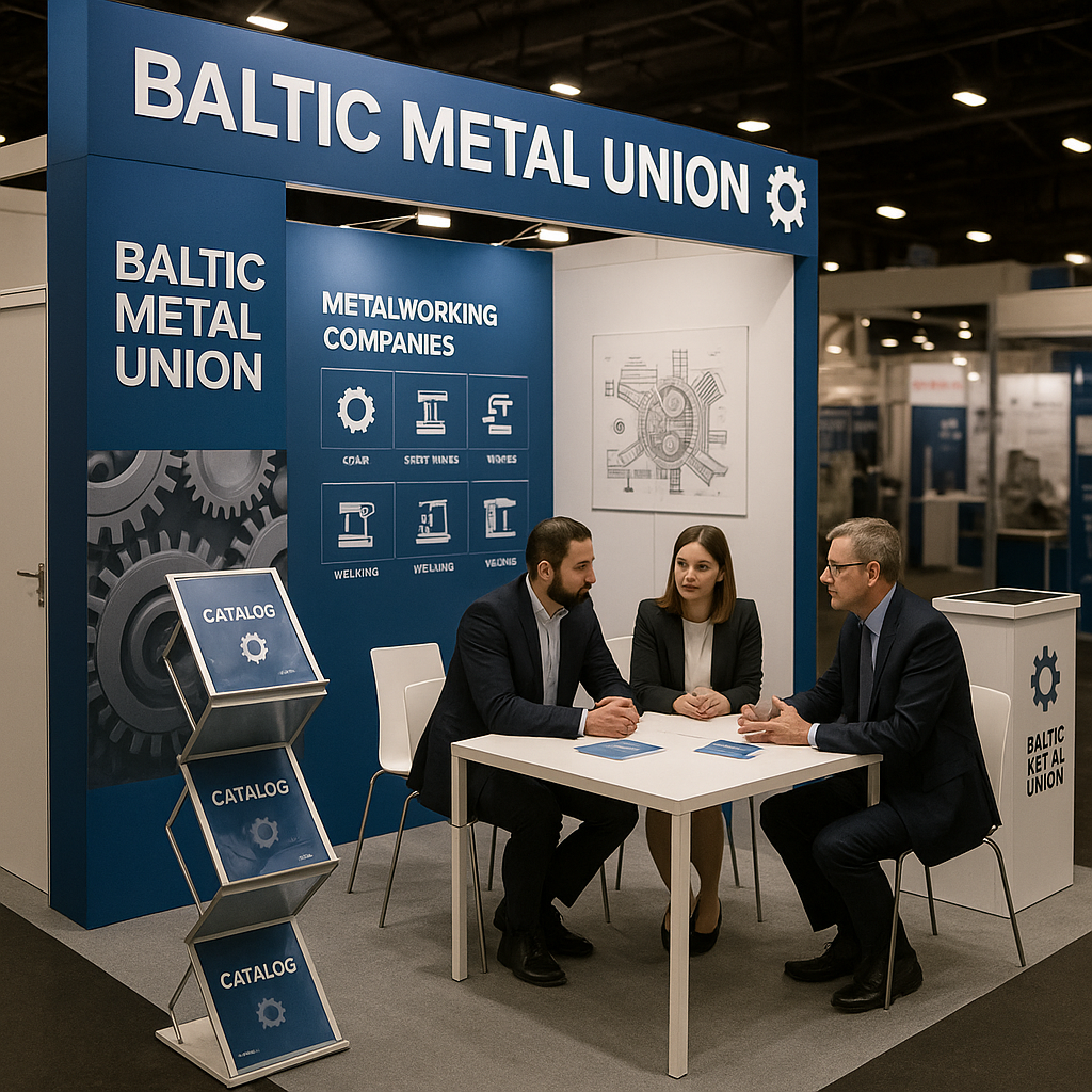 Baltic Metal Union stends rūpniecības izstādē ar informācijas stendu, katalogiem un noformējumu.