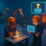 Voxel stila metālapstrādes uzņēmuma darbinieki rūpnīcā veic metināšanas darbus, viens tur digitālu planšeti ar projektu, fonā CNC un roboti.