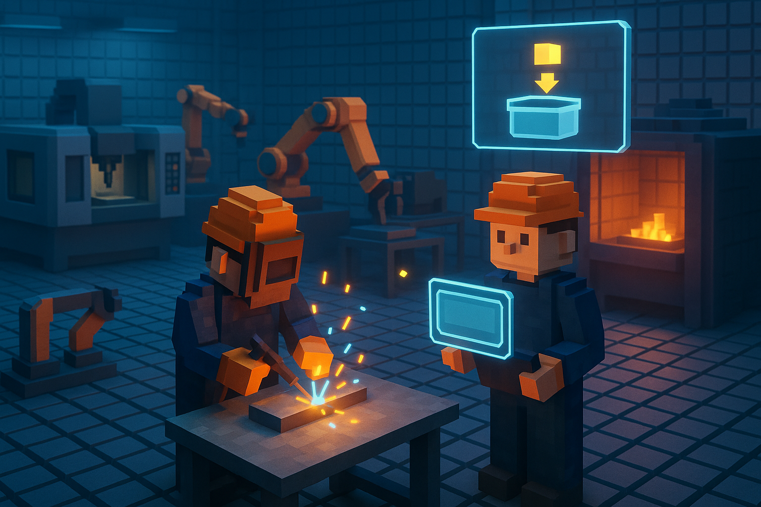 Voxel stila metālapstrādes uzņēmuma darbinieki rūpnīcā veic metināšanas darbus, viens tur digitālu planšeti ar projektu, fonā CNC un roboti.