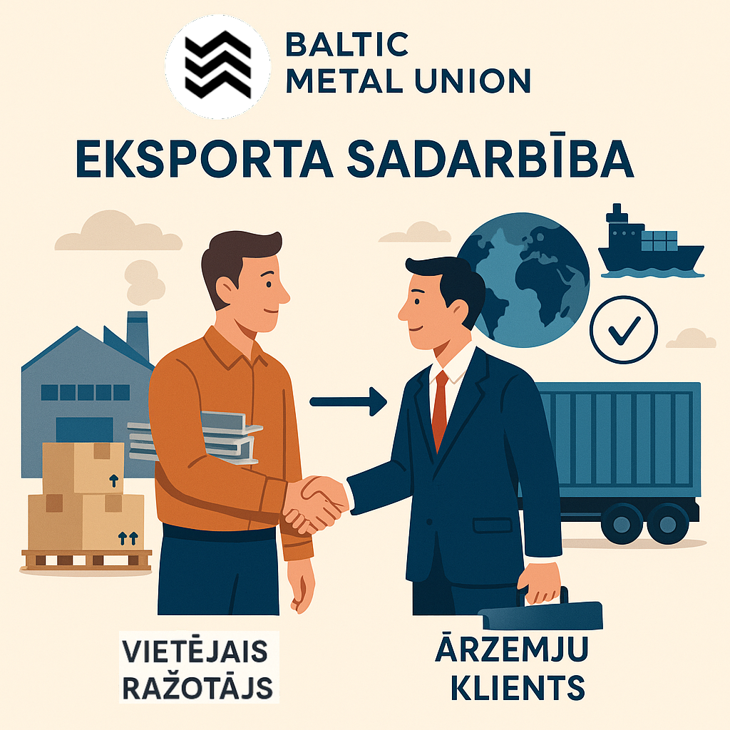 Baltijas metālapstrādes uzņēmumu pārstāvji rokasspiedienā ar Skandināvijas klientiem rūpnīcas fonā.