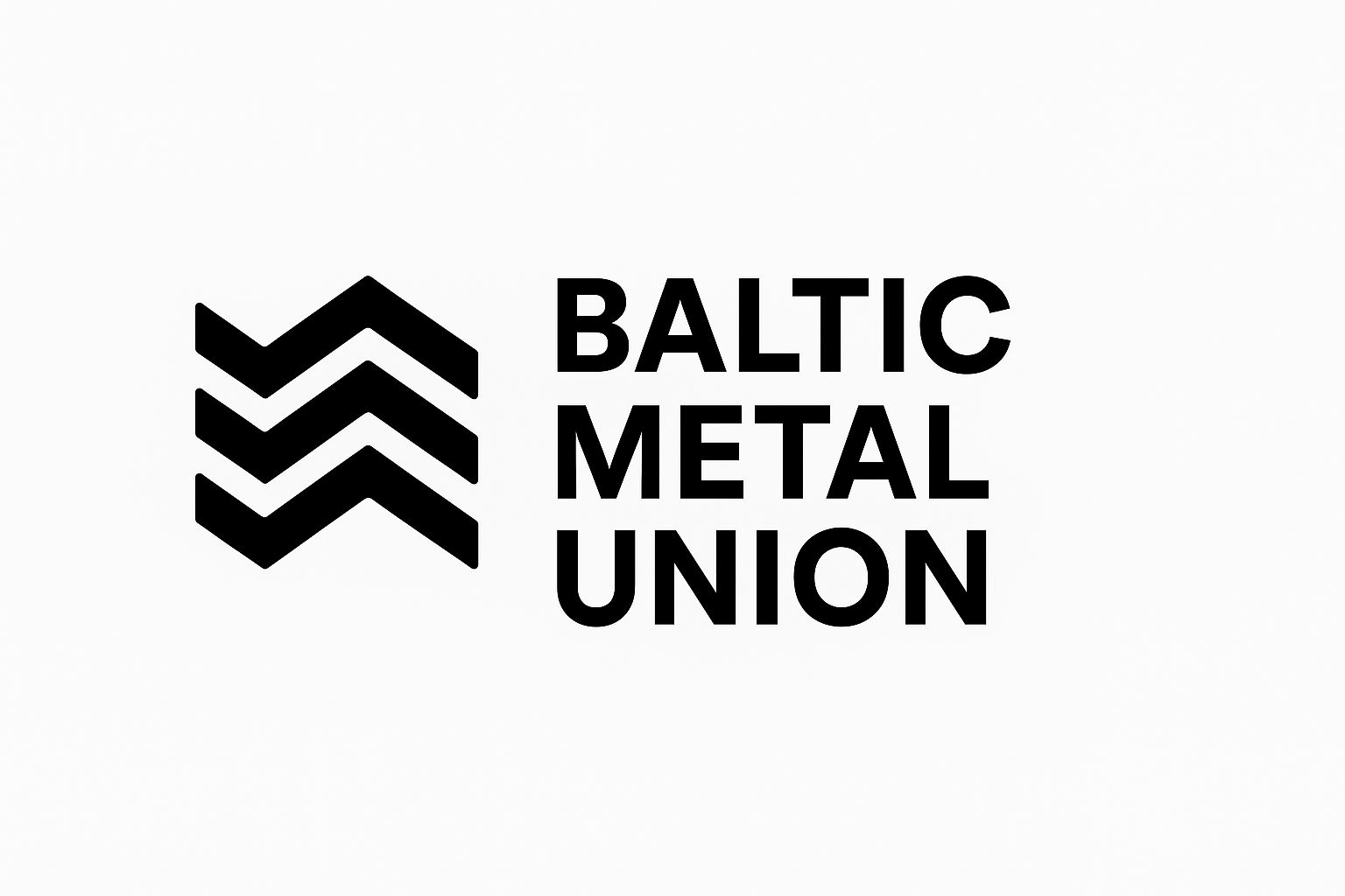 Logotips "Baltic Metal Union" ar trīs melnām ķīļveida svītrām un melnu tekstu baltā fonā.