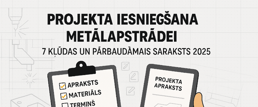 Digitāls kontrolsaraksts un projekta apraksts planšetē, kas ilustrē pareizu projekta iesniegšanu metālapstrādei ar galvenajām kļūdām un pārbaudāmo sarakstu